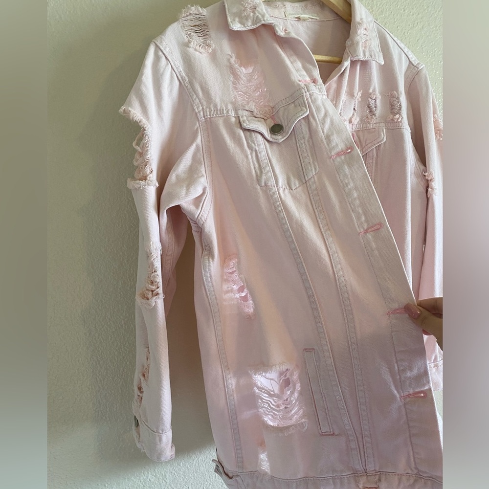 Light Pink Distressed Denim Jacket - Picture 4 of 10
